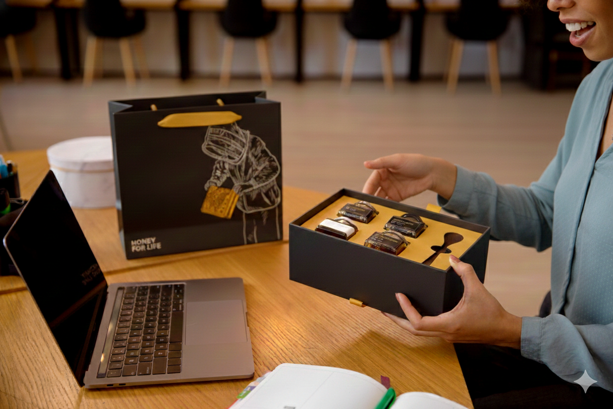 A woman seated at a wooden office desk opens a premium honey gift set from The Honey Colony, revealing six artisanal honey jars and a wooden dipper, with a matching branded gift bag in the background.