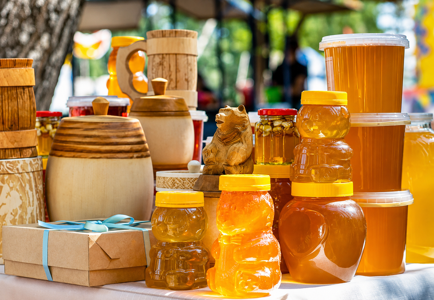 Assorted jars, tubs and bear-shaped bottles of golden honey displayed with ceramic containers and a ribboned gift box at an outdoor market stall.