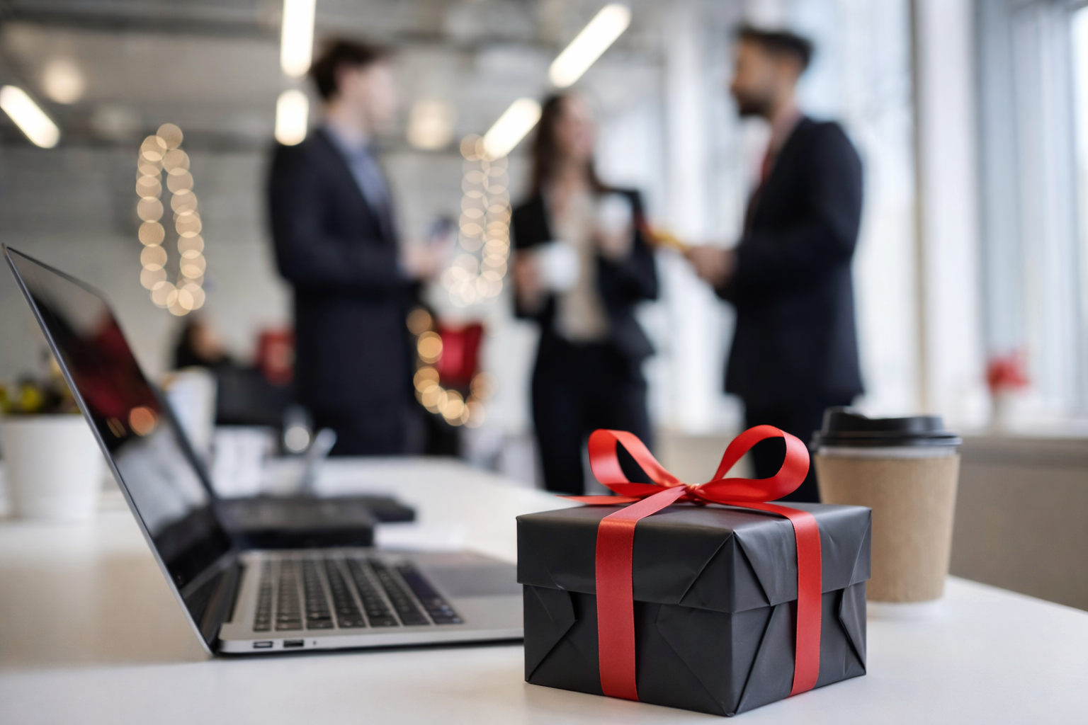 Black corporate gift box with red ribbon on a white office table beside a laptop keyboard and coffee cup, with business professionals talking in the background.