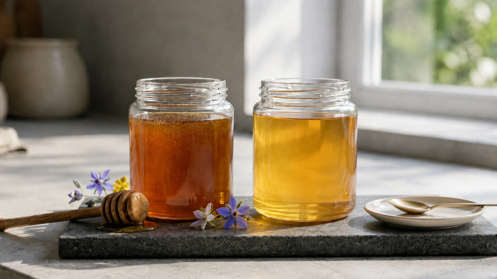 Close-up of two open honey jars on a stone slab with a honey dipper, flowers, and a tea plate with spoon by a sunlit kitchen window.