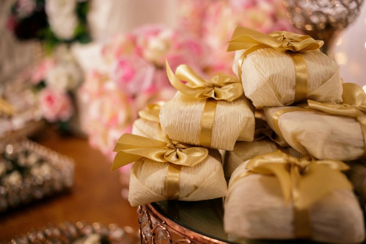 Elegant Brazilian Wedding Favors with Golden Ribbons