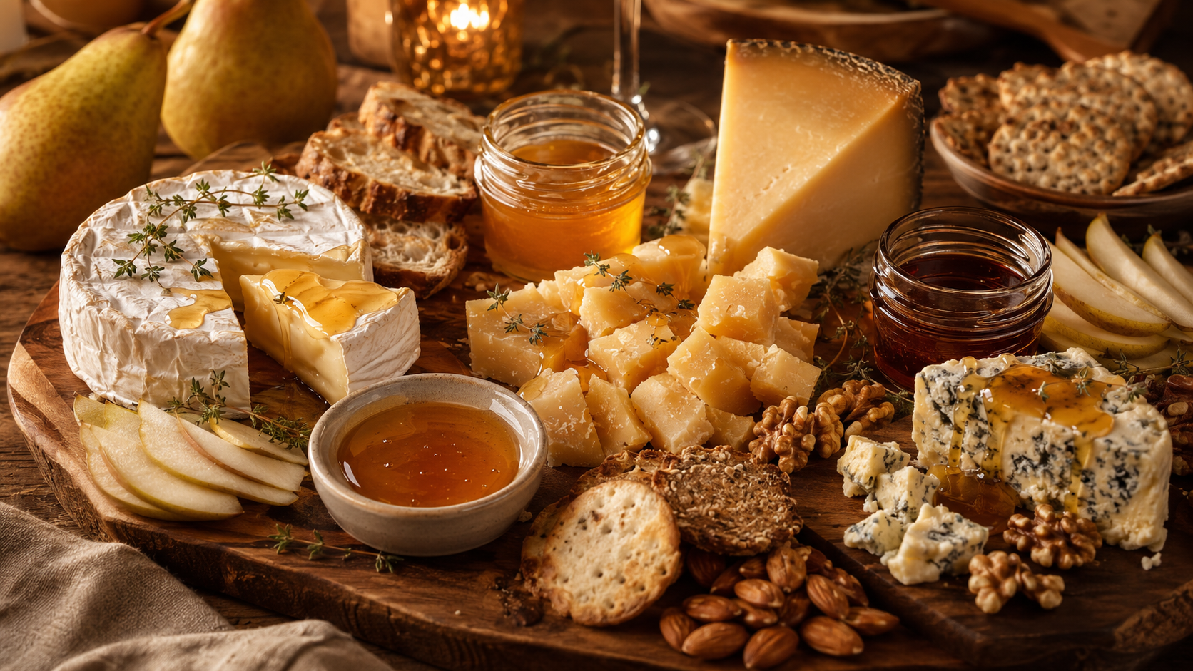 Honey and Different Cheeses in a Board