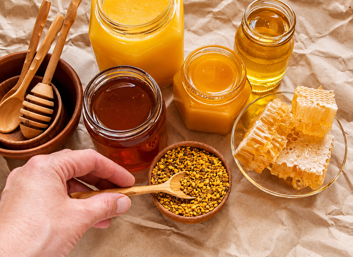 Open jars of golden and dark amber honey beside honeycomb, with a hand scooping bee pollen from a wooden bowl.