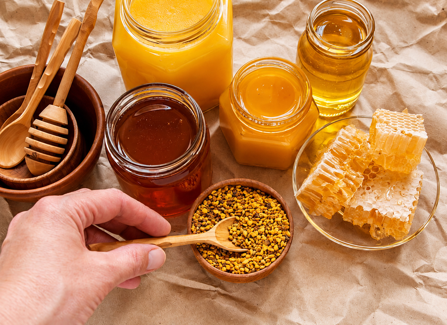 Open jars of golden and dark amber honey beside honeycomb, with a hand scooping bee pollen from a wooden bowl.