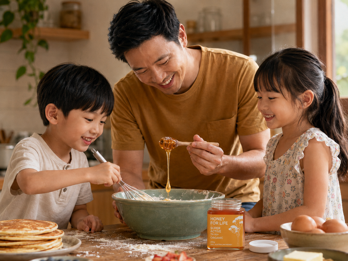 Singaporean dad and two children making pancakes together as he drizzles honey into a bowl beside an open Honey for Life jar.
