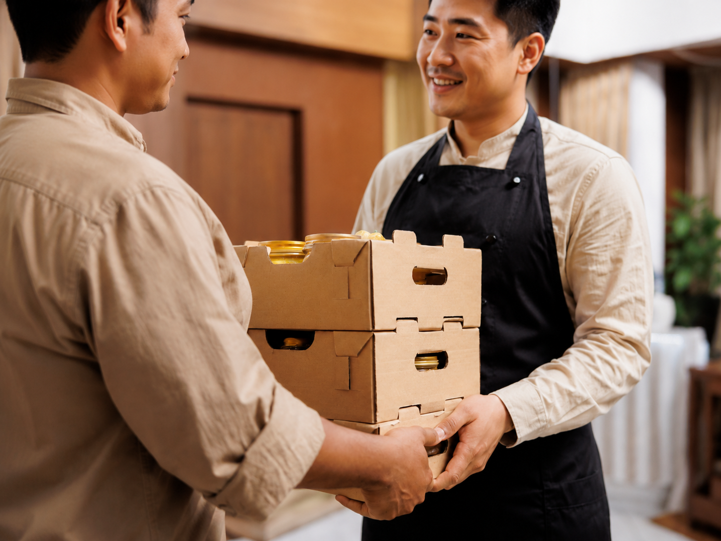 Two Singaporean men handing over stacked cardboard boxes with honey jars inside in a warm indoor setting.