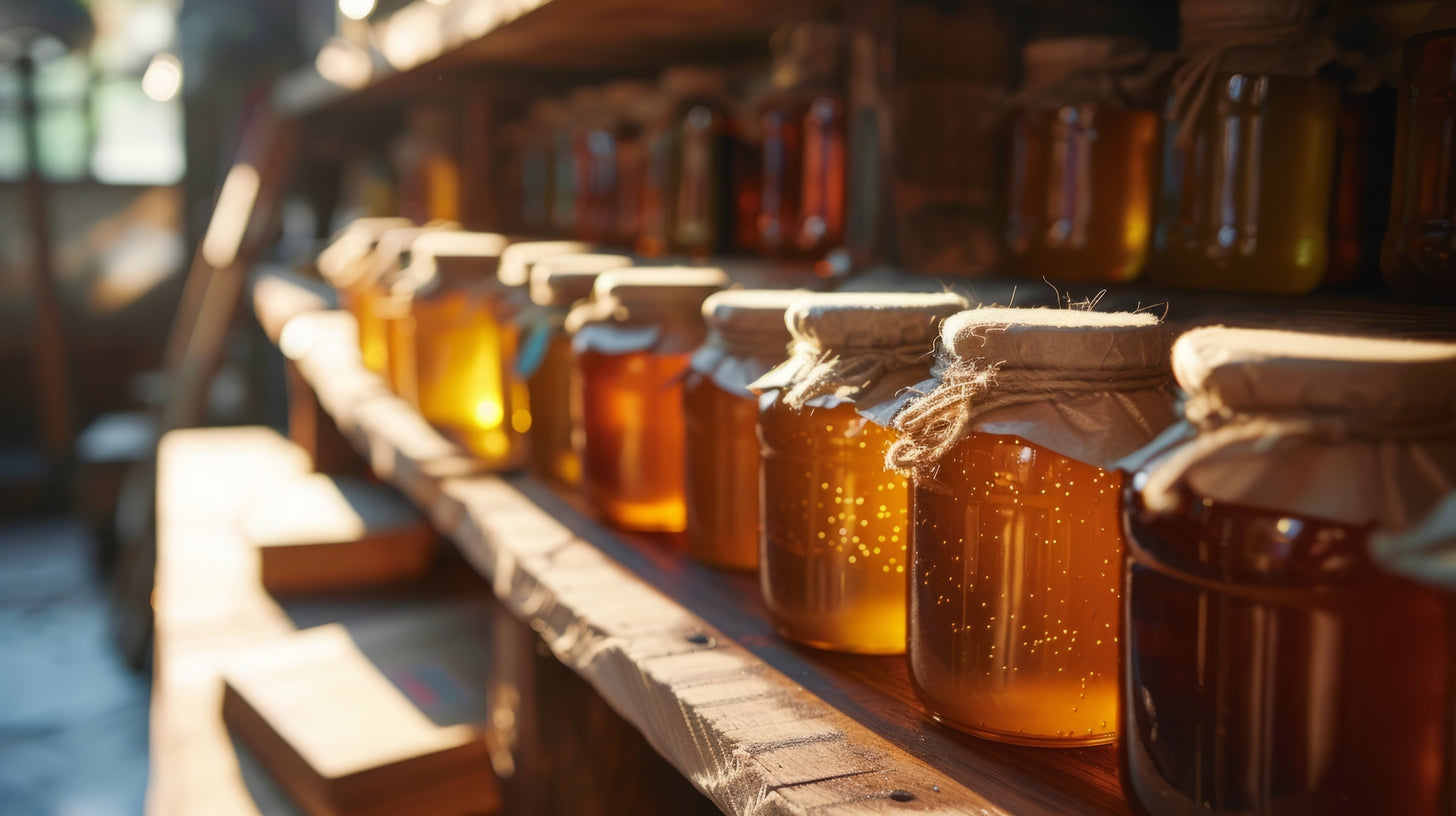 Warm sunlight illuminating glass jars of raw honey arranged on rustic wooden shelves.