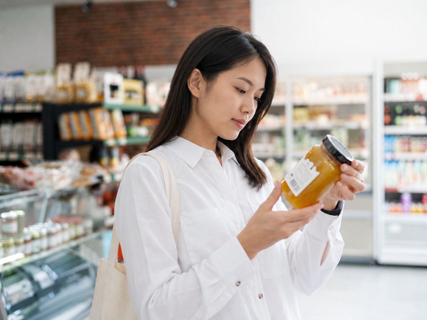 medium shot woman reading label shop