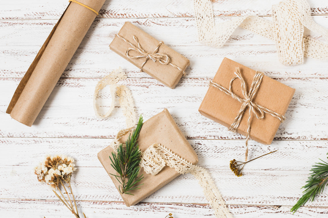 top view presents with wrapping paper