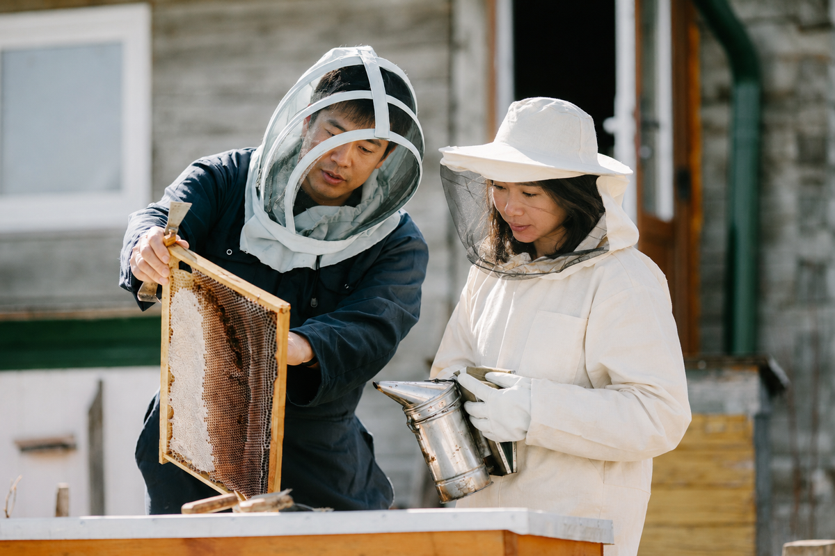 Singaporean beekeepers inspecting a honeycomb frame while harvesting authentic honey