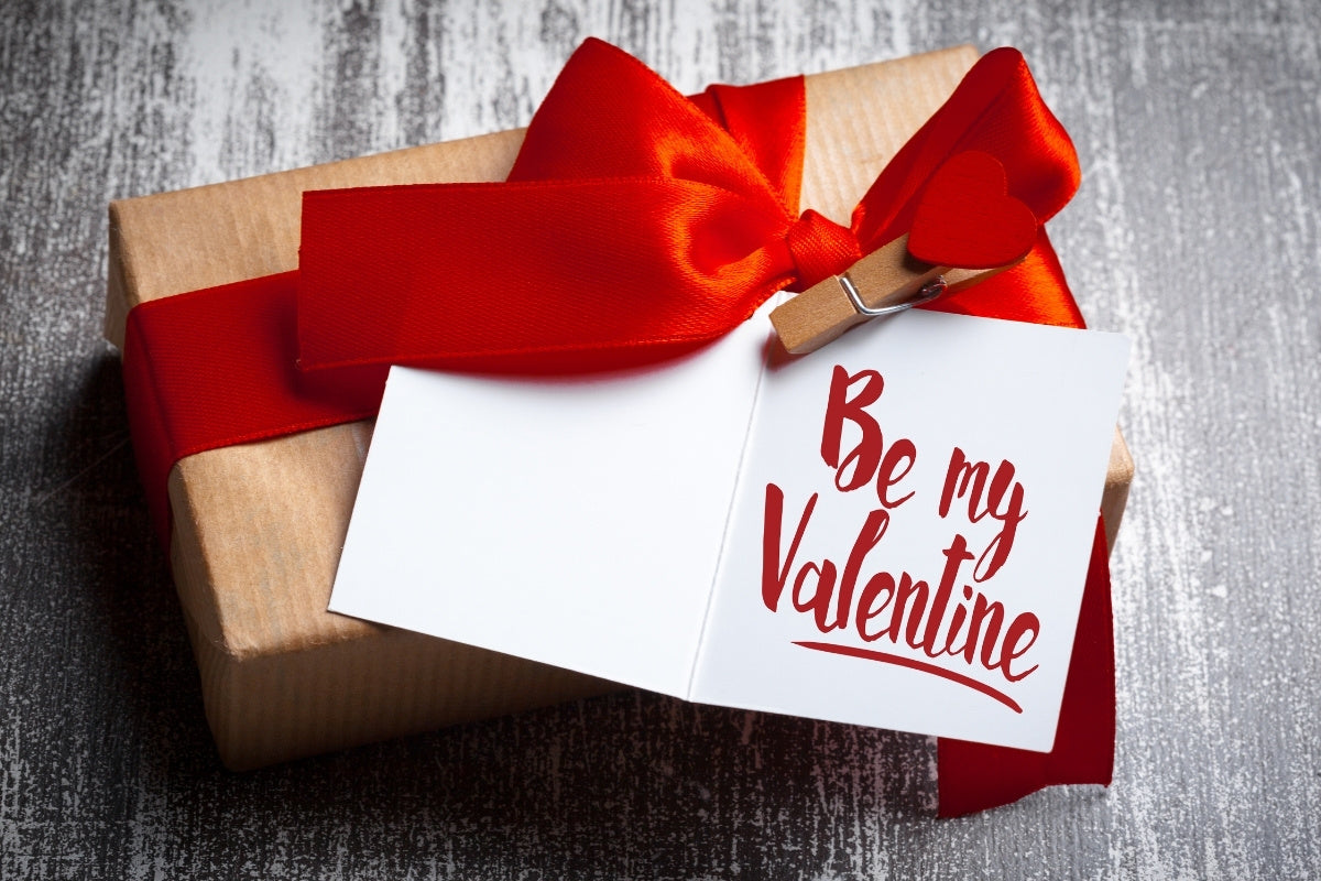 valentines day gift box with card and ribbon
