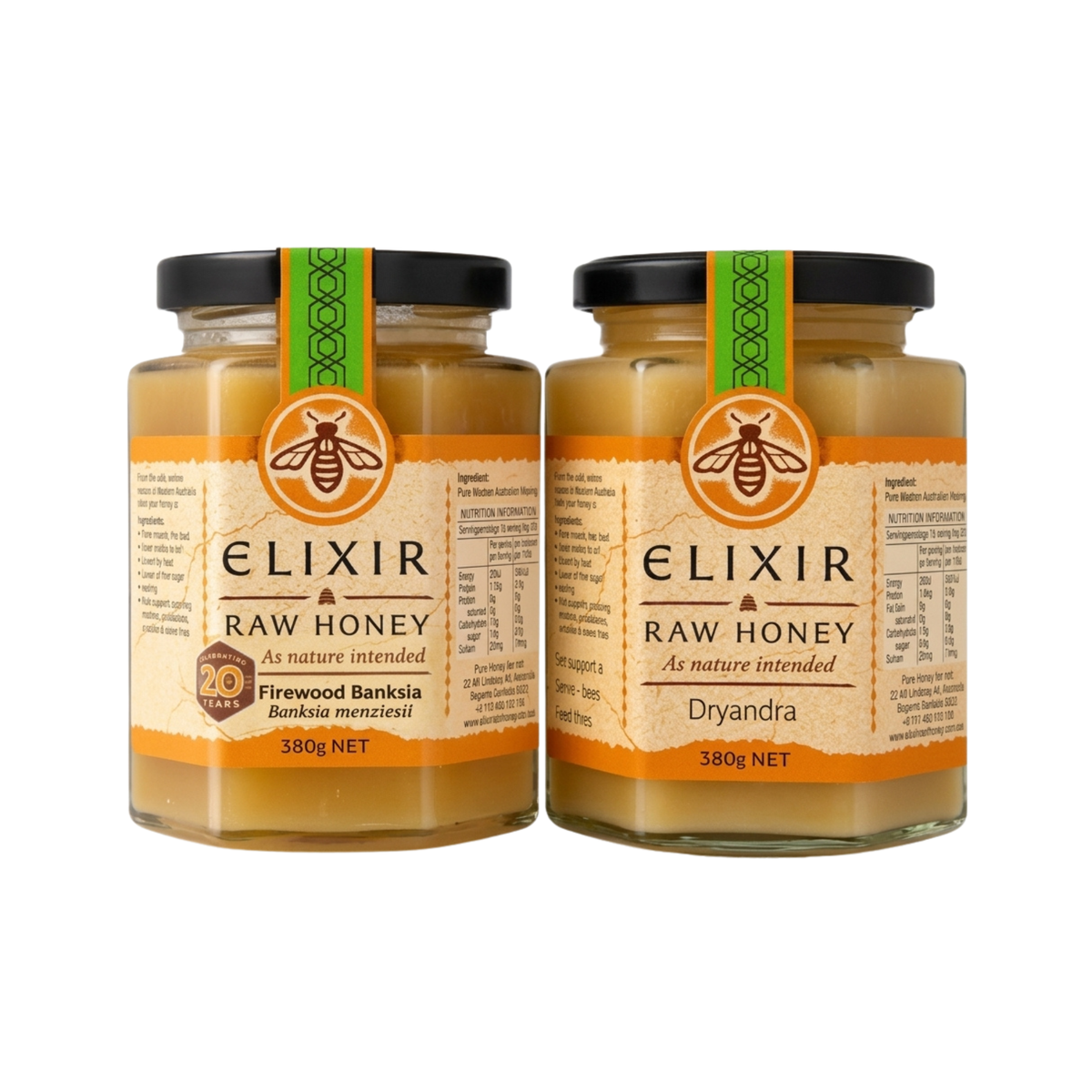 Two jars of Elixir Raw Honey side by side on a white background, one labeled Firewood Banksia and the other Dryandra.