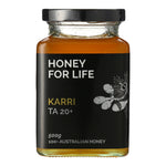 Jar of Karri honey labeled 'Honey for Life Karri TA 20+' on a white background
