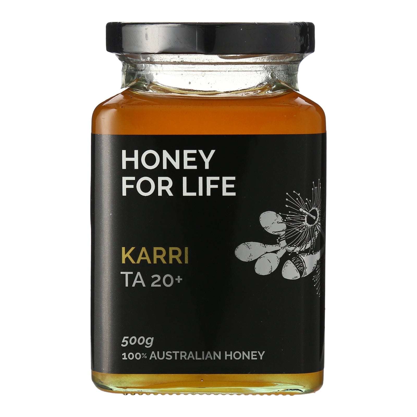 Jar of Karri honey labeled 'Honey for Life Karri TA 20+' on a white background