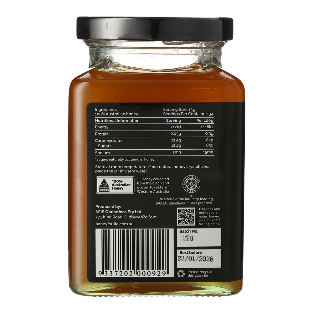 Jar of Karri honey labeled 'Honey for Life Karri TA 20+' on a white background
