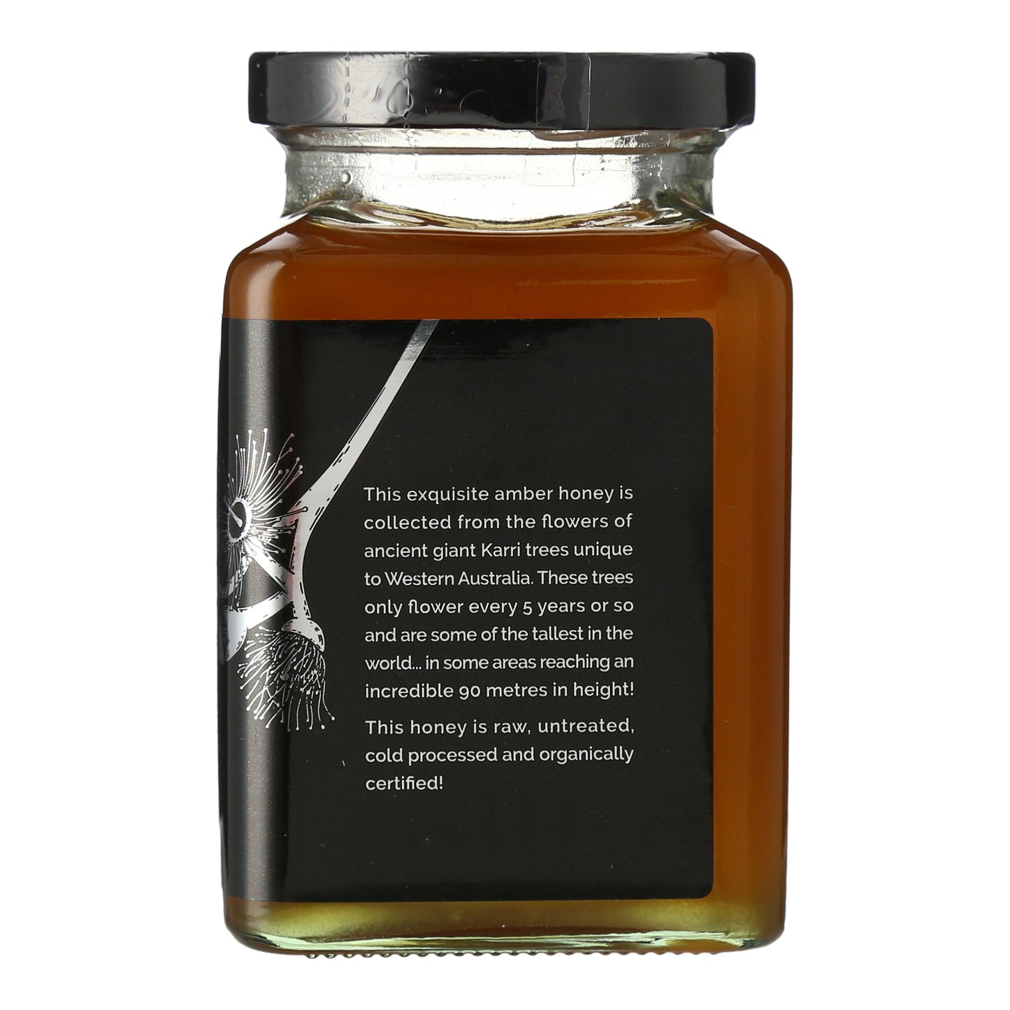 Jar of amber honey with descriptive text on a white background