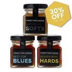 Three jars of honey with humorous labels and a '30% OFF' discount tag on a white background.