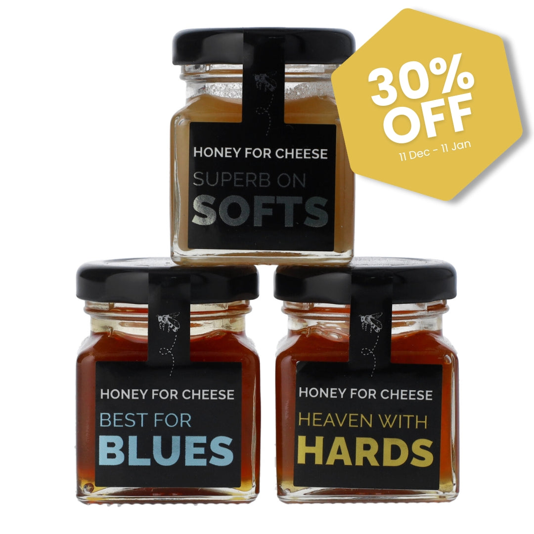Three jars of honey with humorous labels and a '30% OFF' discount tag on a white background.