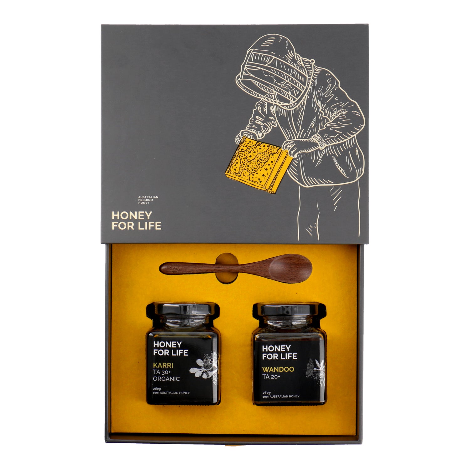Honey Gift Box with 2 Jars of Honey and wooden spoon