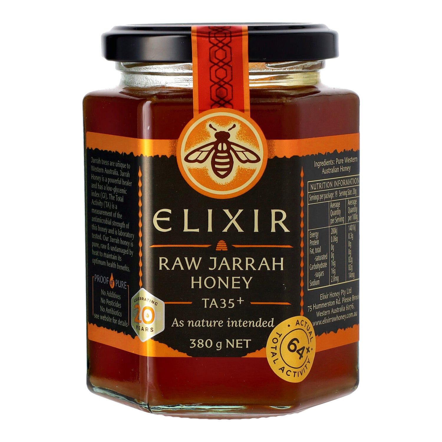 Jar of Elixir Raw Jarrah Honey with a black and orange label on a white background