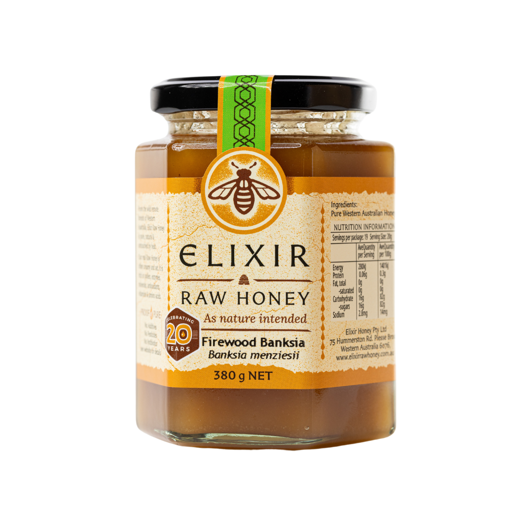 A jar of Elixir Raw Honey Firewood Banksia Variety