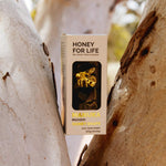 box of Honey Snaps in between tree trunks
