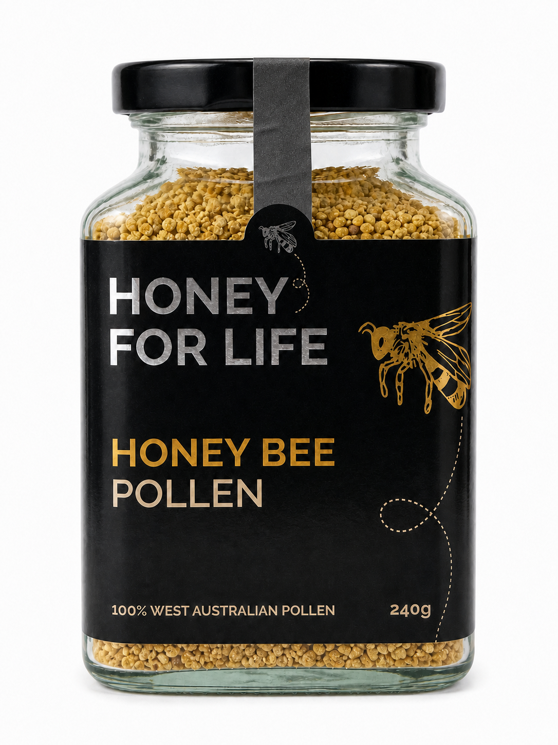 A clear glass jar of Honey For Life Honey Bee Pollen with a black lid and a black label featuring a gold bee illustration and white and gold text, set against a plain white background.