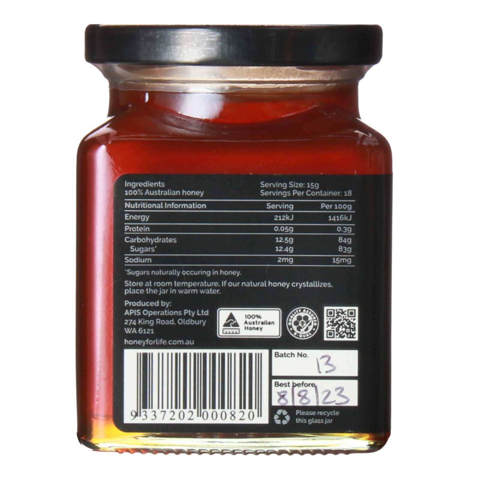 Honey for Life Jarrah TA35+ jarrah honey jar (ingredients label)