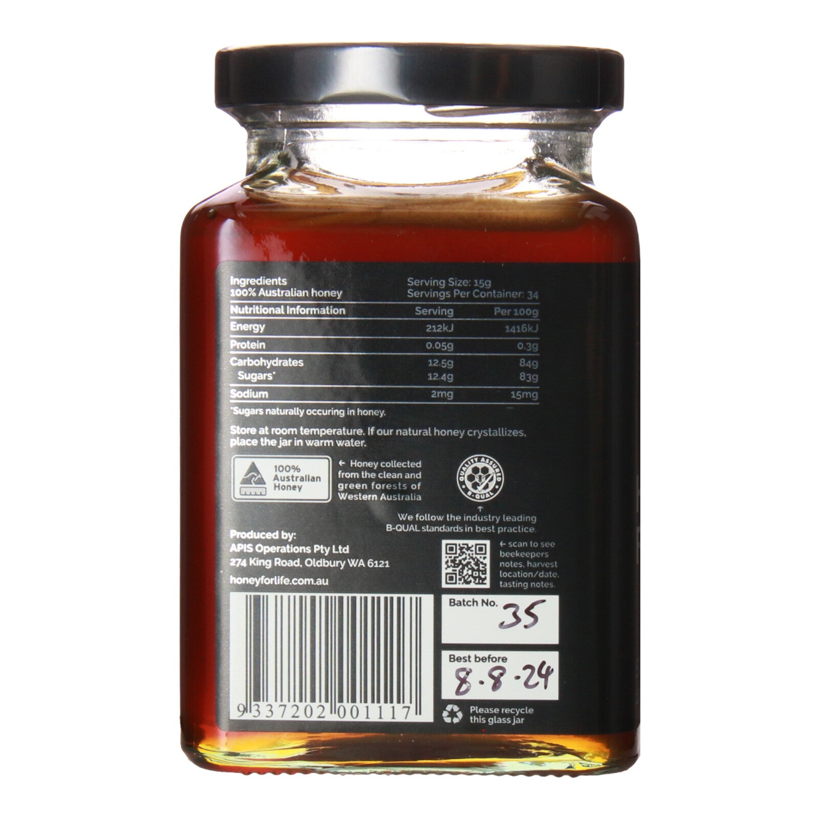 Honey for Life Jarrah TA35+ jarrah honey jar (nutritional info label)