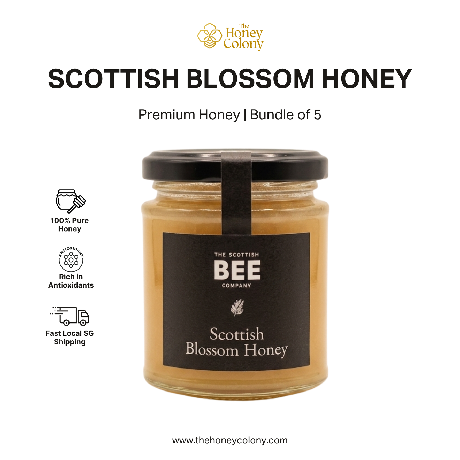 Jar of Scottish Blossom Honey with descriptions