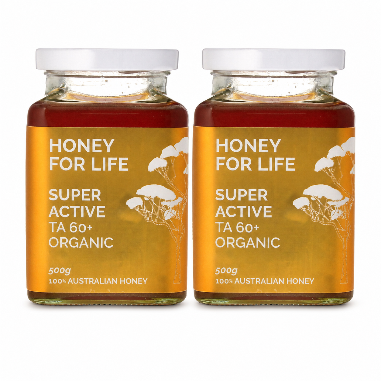 Two glass jars of 'Honey For Life' Super Active TA 60+ Organic honey with white lids, displayed side-by-side on a white background.