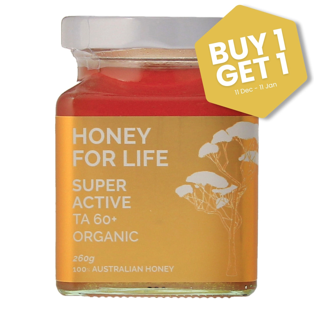 Jar of 'Honey for Life' super active honey with a promotional label on a white background
