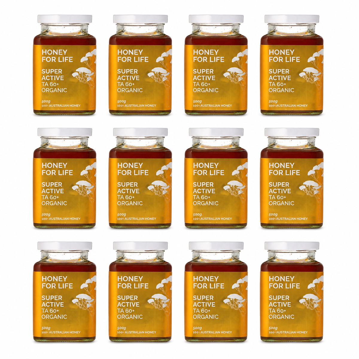 Twelve glass jars of honey arranged in a 3-by-4 grid on a plain white background. Each jar has a white cap and a golden-orange label reading 'HONEY FOR LIFE' and 'SUPER ACTIVE TA 60+ ORGANIC' with a bee illustration.