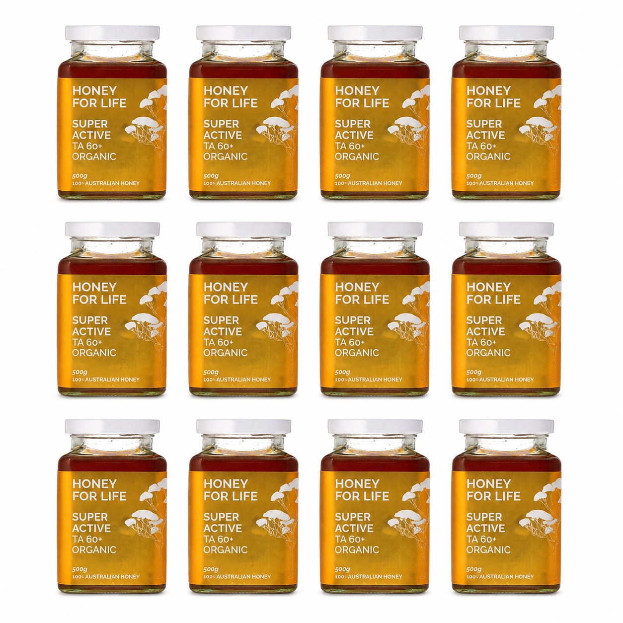 Twelve glass jars of honey arranged in a 3-by-4 grid on a plain white background. Each jar has a white cap and a golden-orange label reading 'HONEY FOR LIFE' and 'SUPER ACTIVE TA 60+ ORGANIC' with a bee illustration.