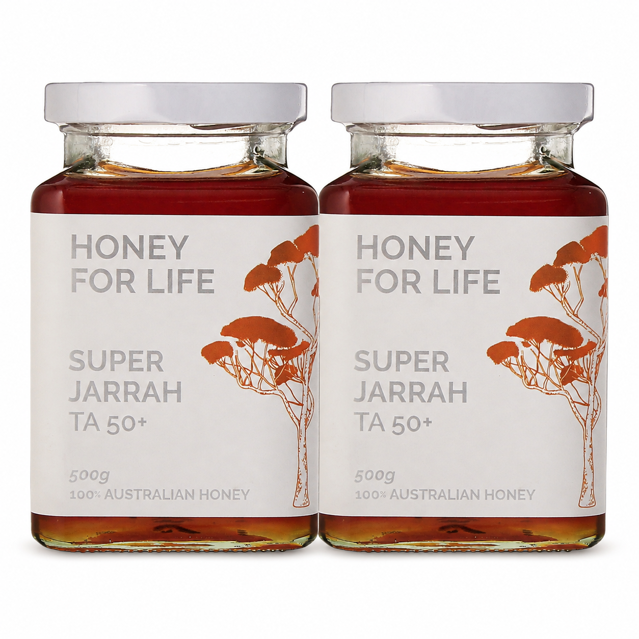Two glass jars of 'Honey For Life' Super Jarrah TA 50+ honey with white lids, arranged side-by-side on a white background.