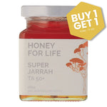Jar of 'Honey for Life Super Jarrah' honey with a 'Buy 1 Get 1' offer label.
