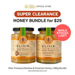 Promotional banner for a Honey Colony official store 380g bundle of two raw honey jars: Elixir Firewood Banksia and Elixir Dryandra. The image features two glass jars of honey with black lids and orange labels, set against a white background with promotional text overlays including 'SUPER CLEARANCE', 'HONEY BUNDLE for $29', and a red 'WHILE STOCKS LAST!' badge.