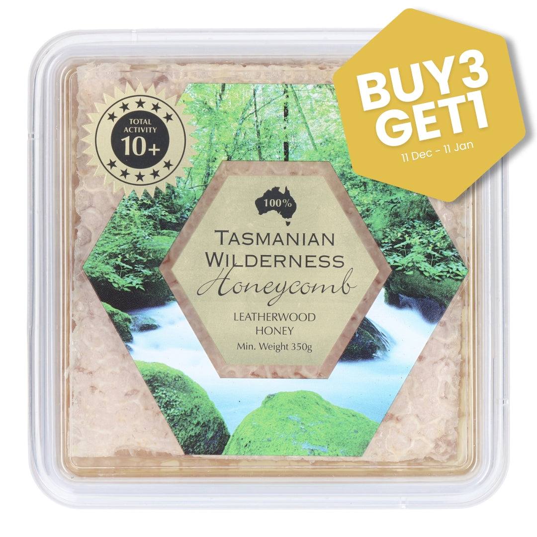 Tasmanian Wilderness Honeycomb packaging with nature-themed design and promotional text.