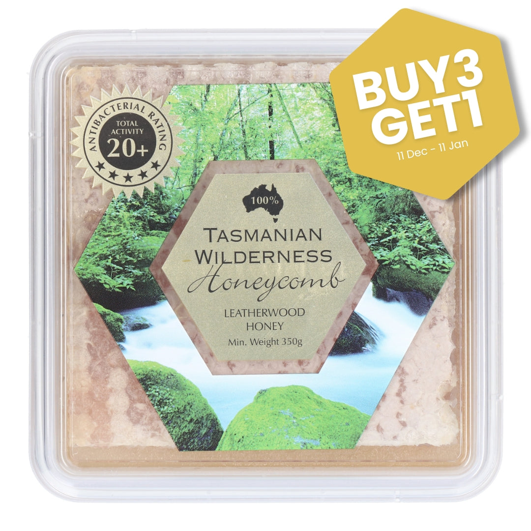 Tasmanian Wilderness Honeycomb packaging with nature-themed design and promotional text.