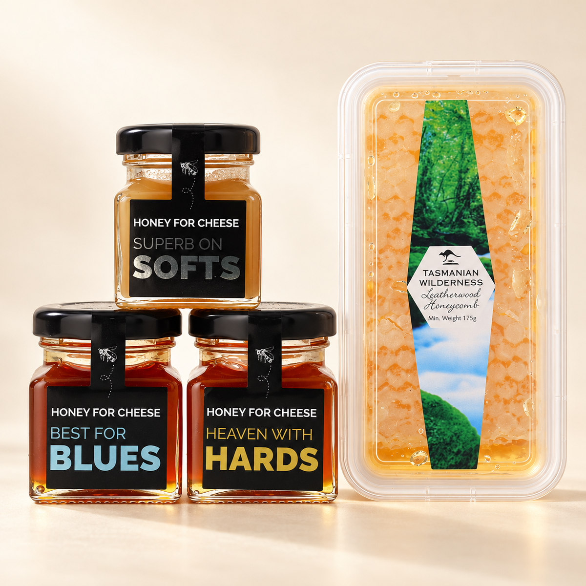 Cheeseboard Starter: three Honey for Cheese 60g jars and one Tasmanian Leatherwood honeycomb 175g.
