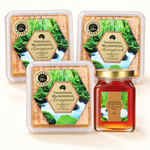 Honeycomb Sharing Trio with a Leatherwood 260g jar: two TA20+ 350g packs, one TA10+ 350g pack and one honey jar.