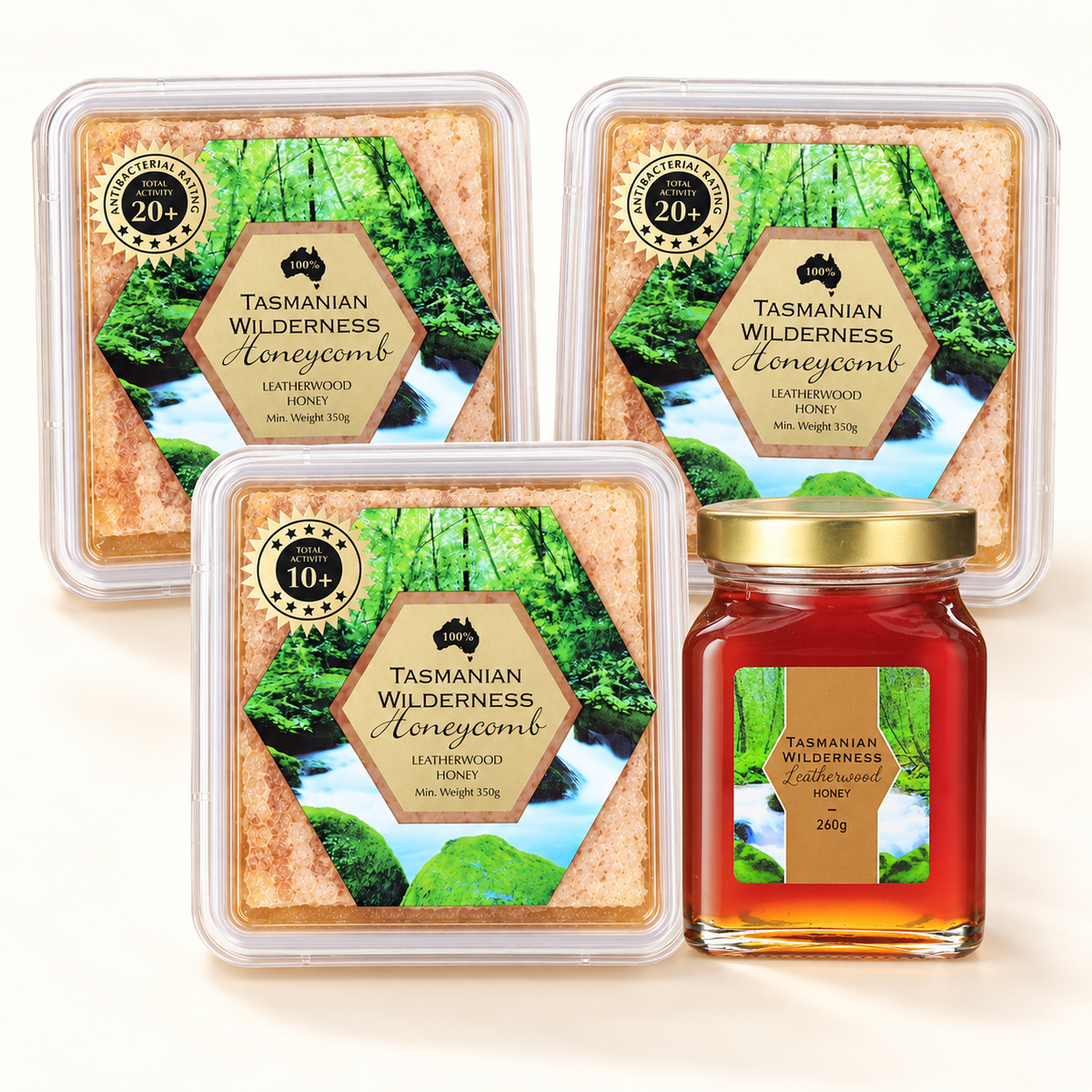 Honeycomb Sharing Trio with a Leatherwood 260g jar: two TA20+ 350g packs, one TA10+ 350g pack and one honey jar.