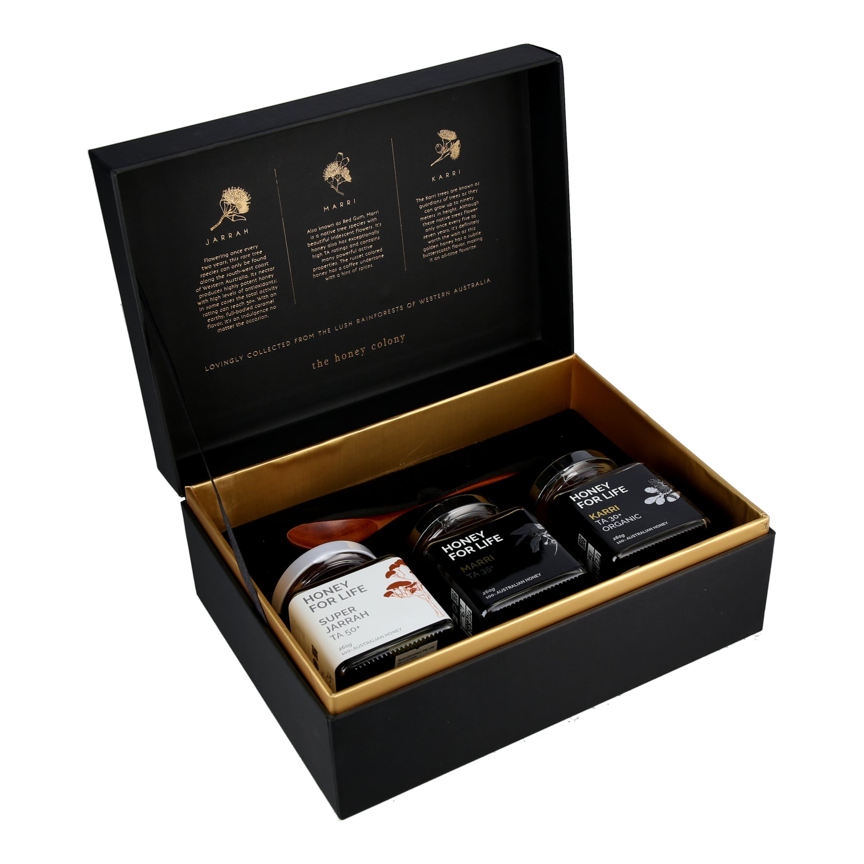 3 honey jars inside an open Super Honey Gift Box