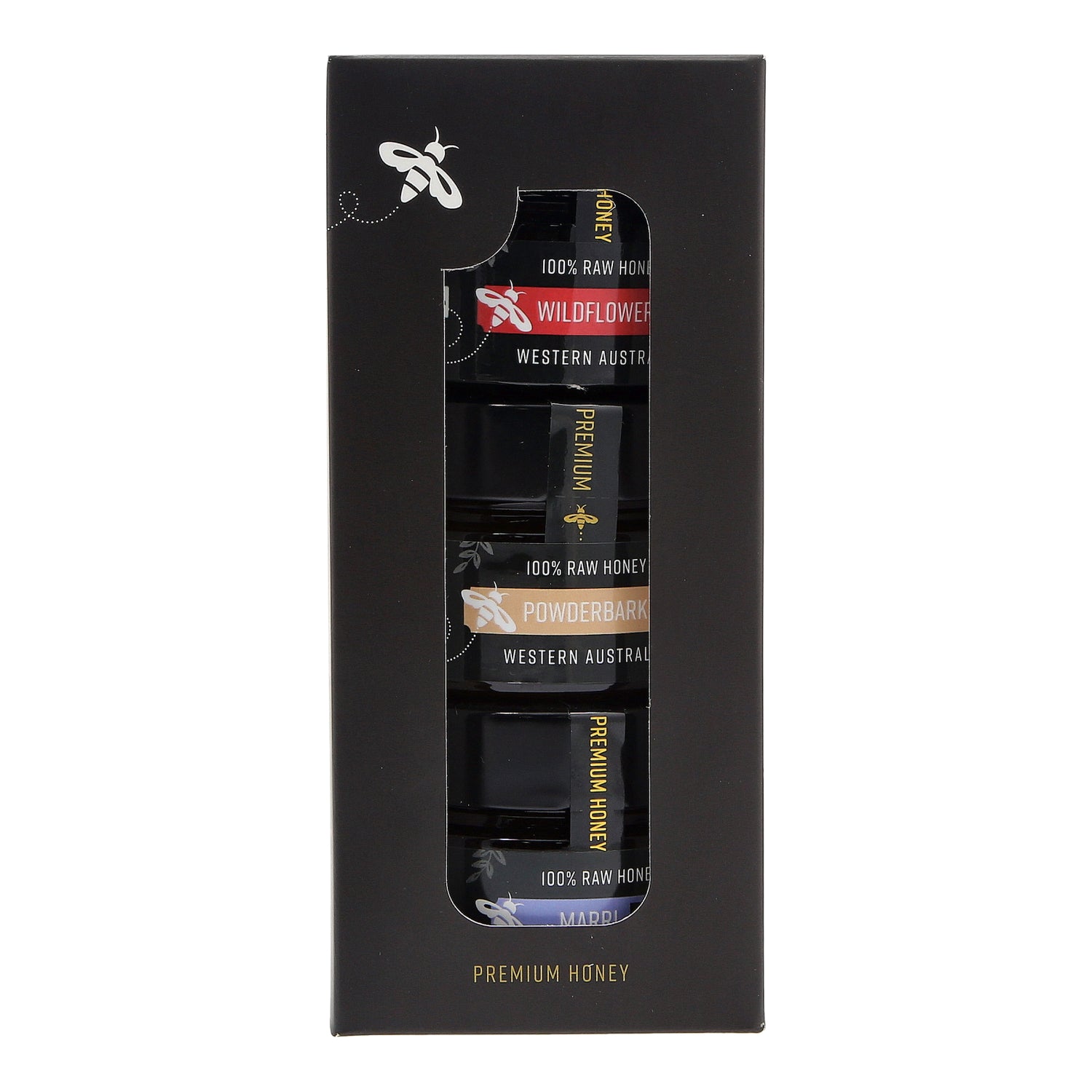 Honey Trio pack in a gift box, which includes a jar each of Wildflower Honey, Powderbark Honey and Marri Honey 