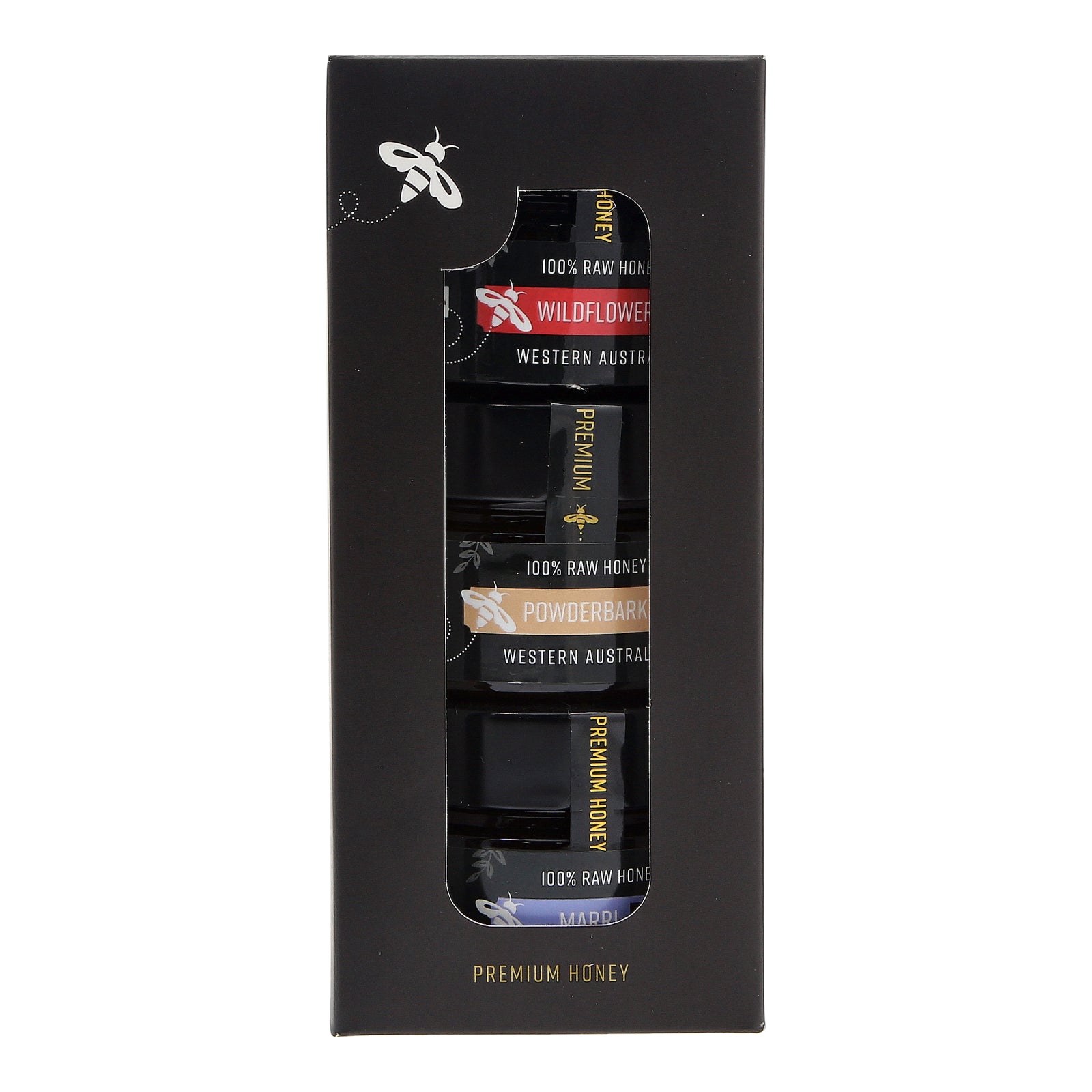 Honey Trio pack in a gift box, which includes a jar each of Wildflower Honey, Powderbark Honey and Marri Honey 