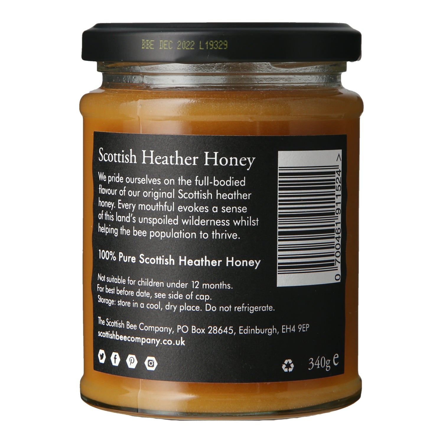 the back label showing product information of a jar of Scottish Heather Honey from The Scottish Bee Company