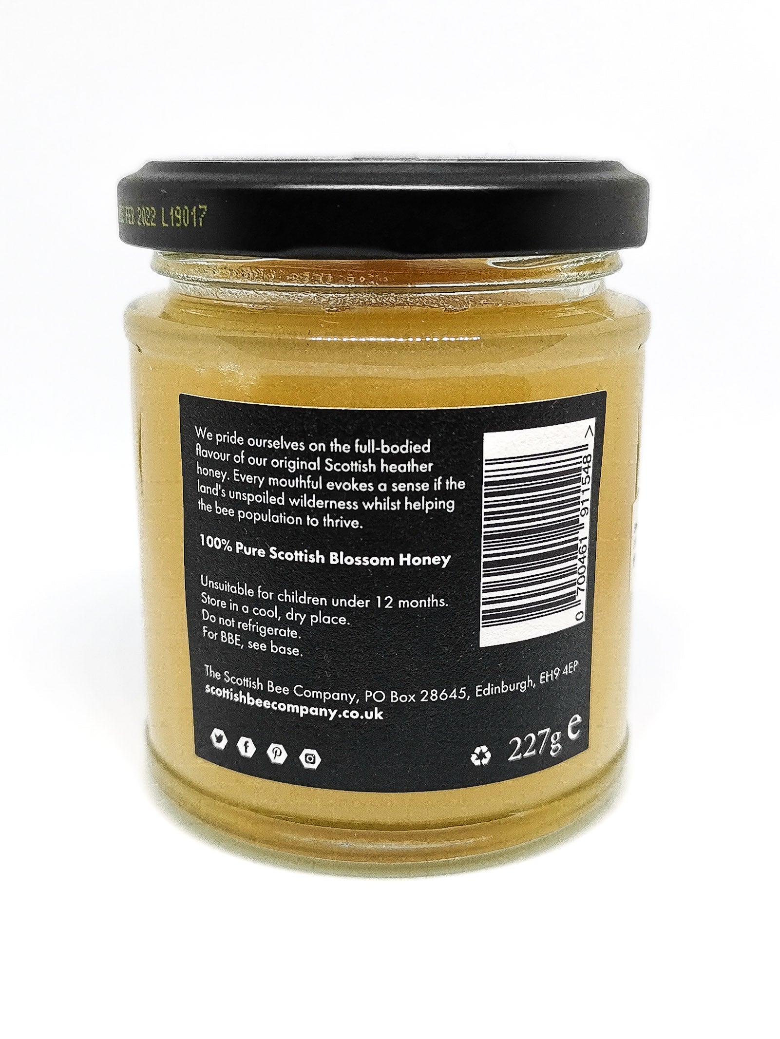 Product description label at the back of a jar of Scottish Blossom Honey from The Scottish Bee Company