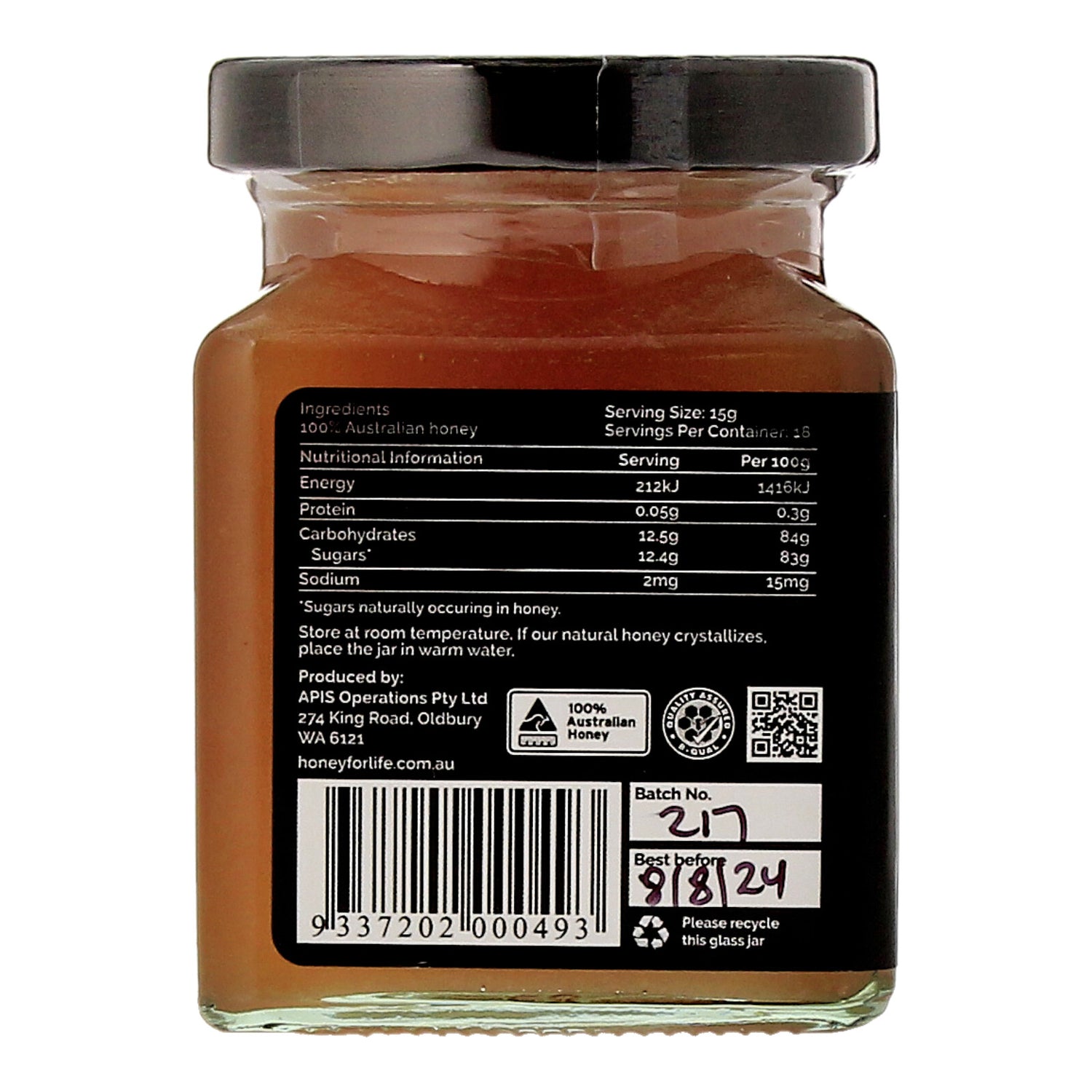 Honey for Life Wandoo TA20+ Honey Ingredients Label