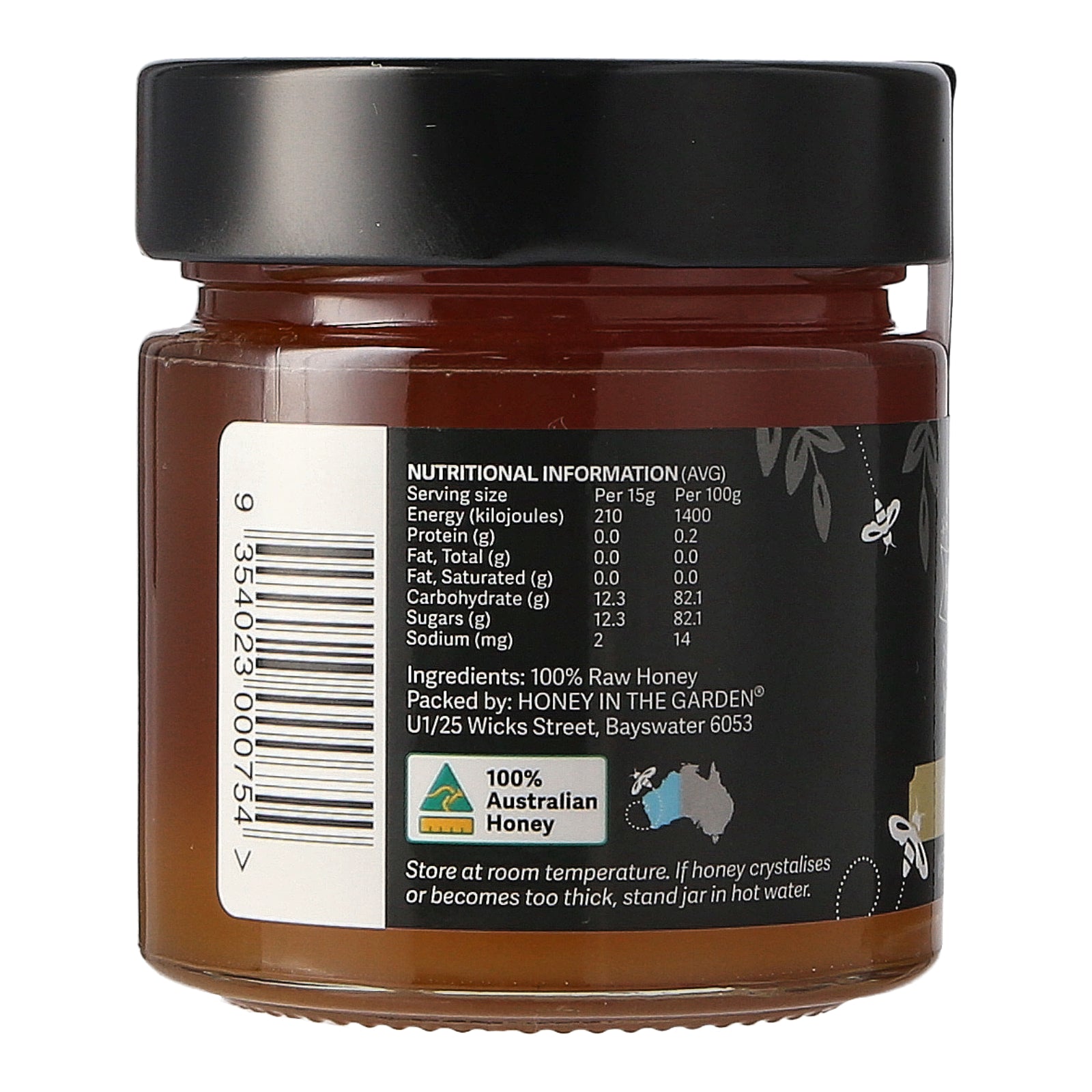 the back label of a jar of Powderbark Honey showing nutritional information