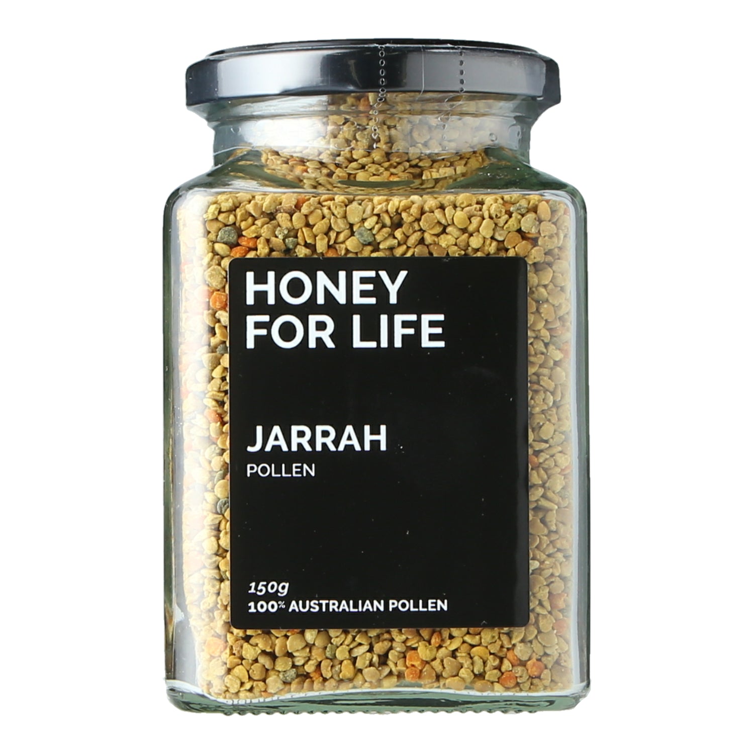 A glass jar containing yellow bee pollen granules with a black label that reads 'HONEY FOR LIFE' and 'JARRAH POLLEN' with text indicating 150g weight and Australian origin.